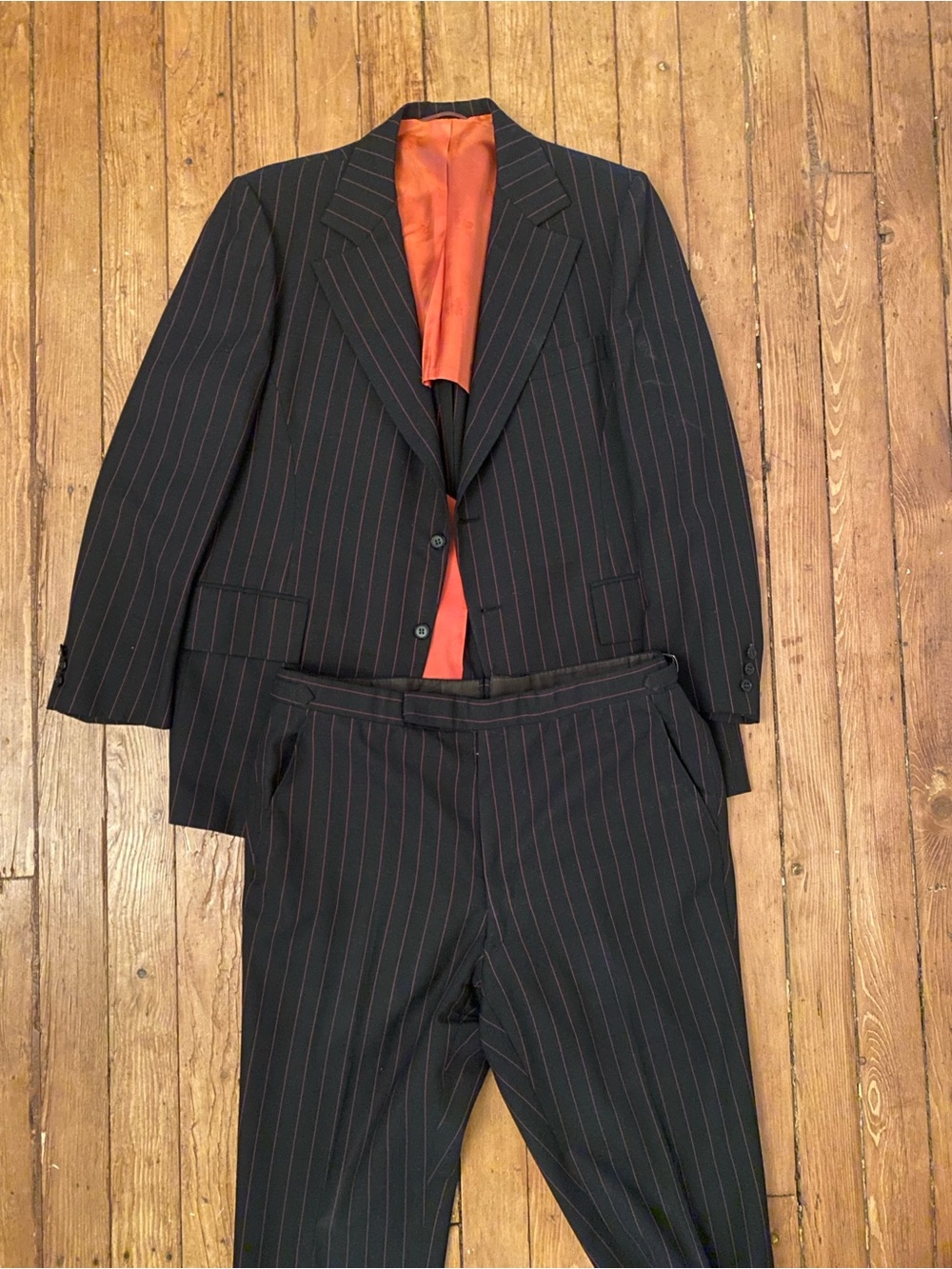 Men's Black red/orange Pinstripe Two-Piece Suit with Orange Lining